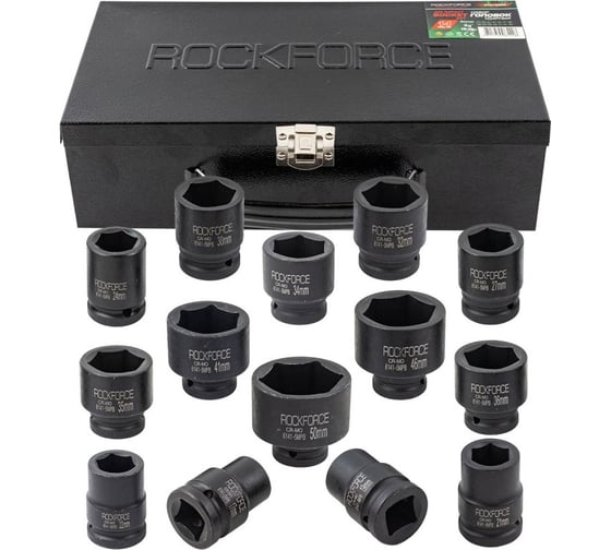 Набор ударных головок Rockforce 3/4" 6гр. 17, 19, 21, 22, 24, 27, 30, 32, 34, 35, 36, 41, 46, 50, 14 предметов в кейсе RF-6141-5MPB(58403)
