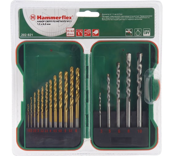 Набор сверл по металлу и камню Flex 202-921 DR №21 (17 шт; 1.5-10 мм) HAMMER 62936