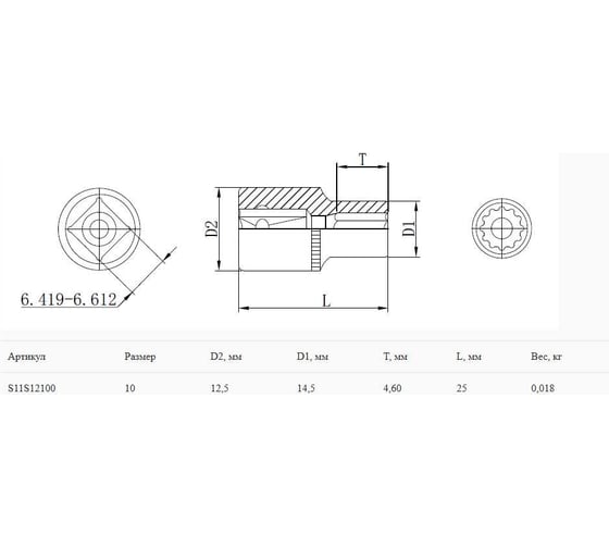 Головка торцевая 12-гранная S11S12100 10 мм, 1/4"DR THORVIK 054051