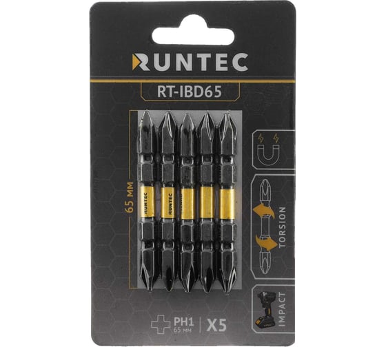 Бита ударная двусторонняя H6.35 65 мм PH1/PH1 5 шт RUNTEC RT-IBD65