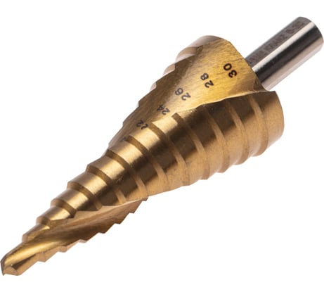 Сверло ступенчатое 6-8-10-12-14-16-18-20-22-24-26-28-30 мм, Р6М5, ТИТАН, трехгранный хвостовик KRANZ KR-12-6616