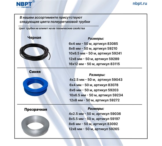 Трубка пневматическая PU98 6-4 мм, 50 м, прозрачный NBPT 59135
