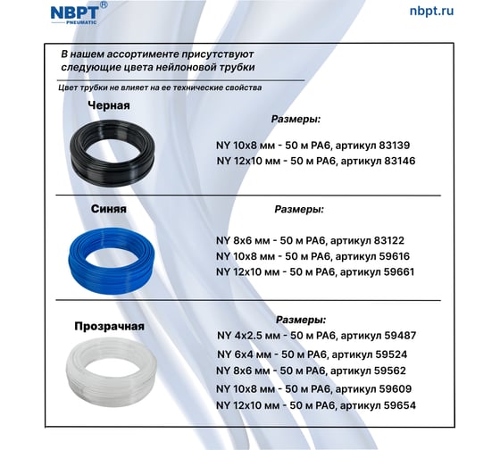Трубка пневматическая нейлоновая NY PA6 6-4 мм, 100 м, черный NBPT 59517