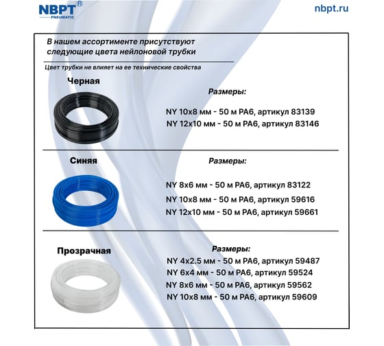 Трубка пневматическая нейлоновая NY PA6 12-10 мм, 50 м, прозрачный NBPT 59654