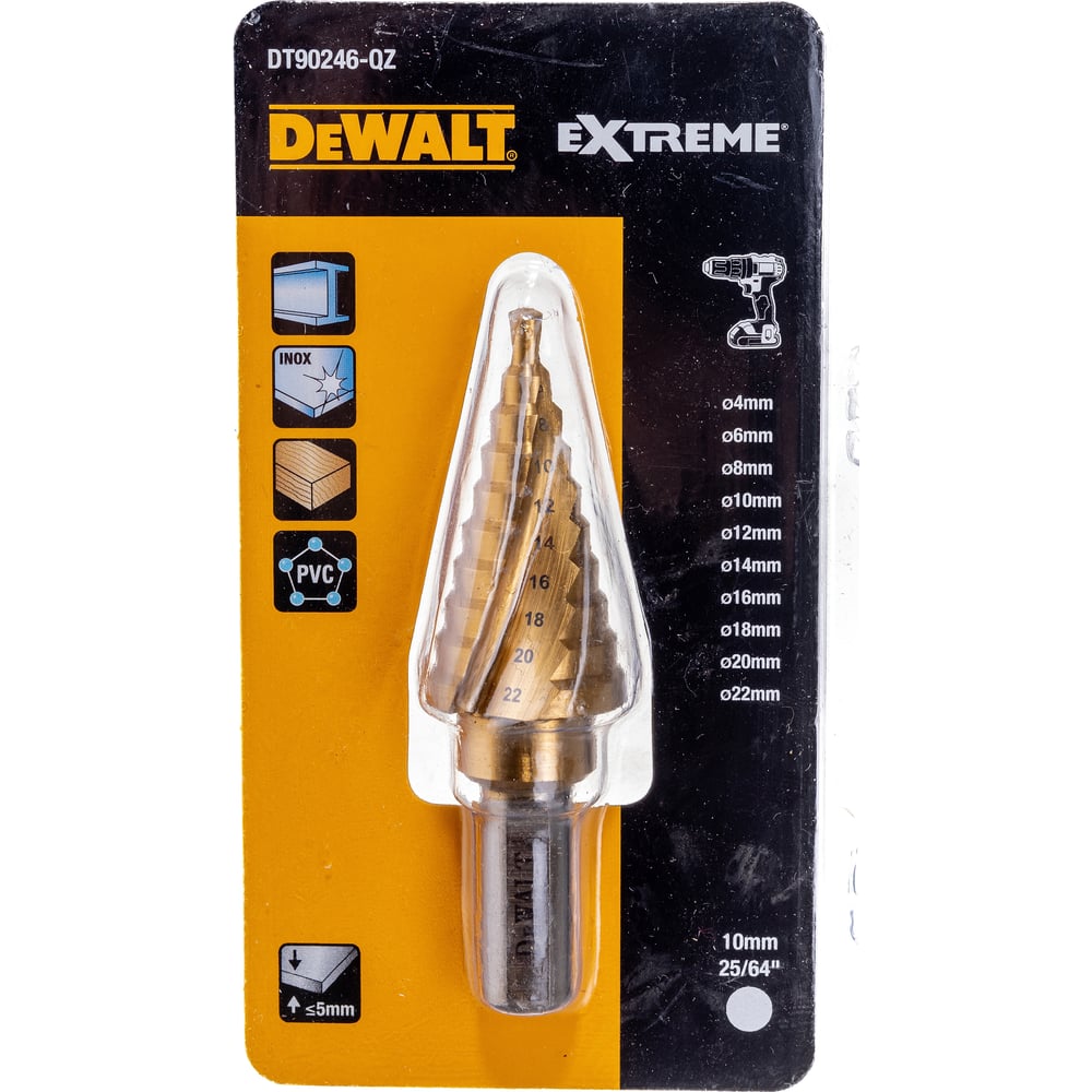 Сверло ступенчатое (4-22 мм; хвостовик 10 мм) DEWALT DT90246-QZ ...
