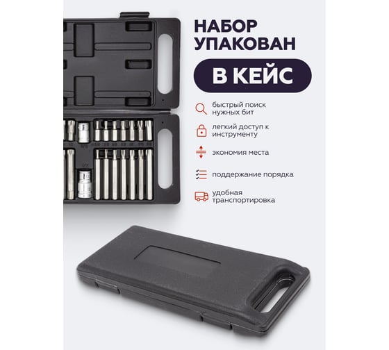 Набор бит с битодержателями 40 предметов, 10 мм, 75/30 мм, T20-T55, H4-H12, M5-M12, в пластиковом кейсе PATRON P-4401C(47370)