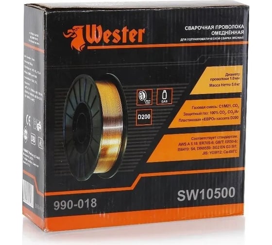 Проволока сварочная SW 10500 1 мм, 5 кг, омедненная, катушка Ф200 мм Wester 45588