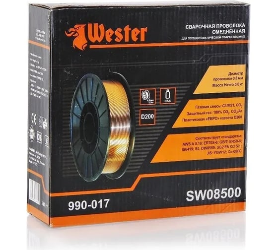 Проволока сварочная SW 08500 0.8 мм, 5 кг, омедненная, катушка Ф200 мм Wester 45591