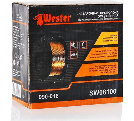 Проволока сварочная SW 08100 0.8 мм, 1 кг, омедненная, катушка Ф100 мм Wester 45590