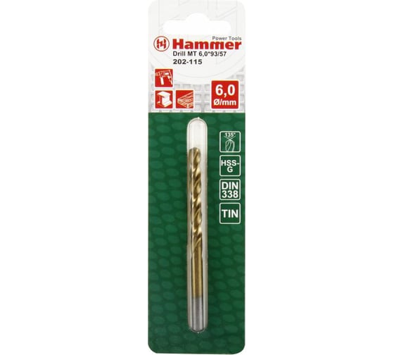 Сверло по металлу Flex 202-115 DR MT (6х57х93 мм; DIN338; HSS-G TIN) HAMMER 30800