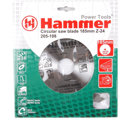Диск пильный по дереву FlexCSB WD (185х30/20/16 мм; Z-24) HAMMER 30658 205-108