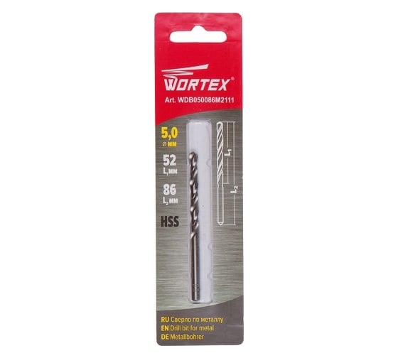 Сверло по металлу ц/х, 5.0x52x86 мм, HSS WORTEX WDB050086M2111 1