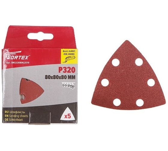 Шлифлист 80 мм, дельта, Р320, д/дерева, 6 отверстий, 5 шт WORTEX SMS32080G2019 1