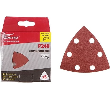 Шлифлист 80 мм, дельта, Р240, д/дерева, 6 отверстий, 5 шт WORTEX SMS24080G2019