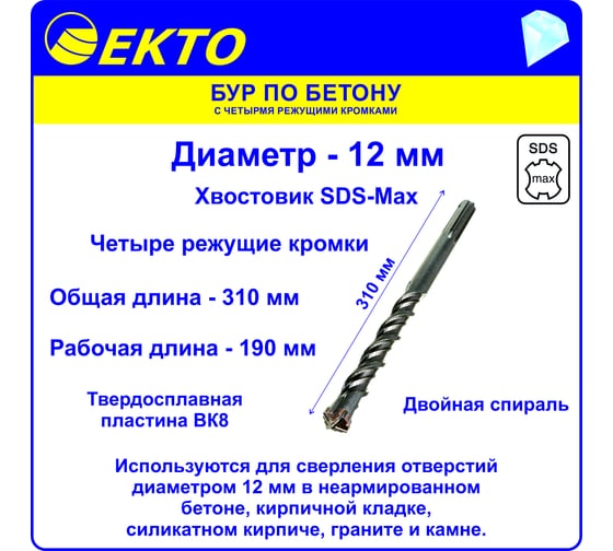Бур по бетону (12х310 мм; 4 режущих кромки; SDS-max) EKTO DS-010-1200-0310