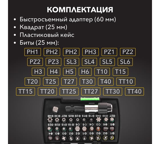 Набор бит с магнитным держателем, пластиковый кейс, 32 предмета KRANZ KR-92-0464