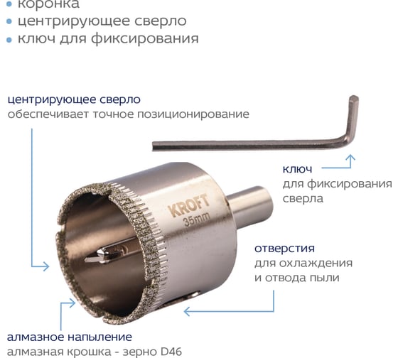 Коронка алмазная по керамике 35 мм, цилиндрический хвостовик KROFT 559535