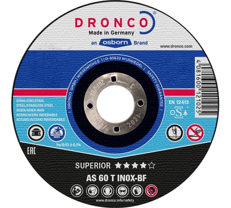 Диск отрезной по нержавейке Superior AS60T INOX (125x1x22.23 мм) DRONCO 1121240100