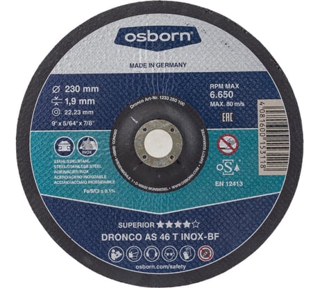 Диск отрезной по нержавейке Superior AS46T INOX (230x1.9x22.23 мм) DRONCO 1233250100