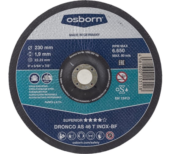 Диск отрезной по нержавейке Superior AS46T INOX (230x1.9x22.23 мм) DRONCO 1233250100