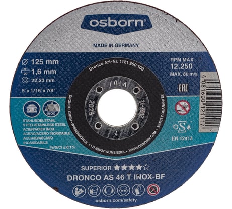 Диск отрезной по нержавейке Superior AS46T INOX (125x1.6x22.23 мм) DRONCO 1121250100
