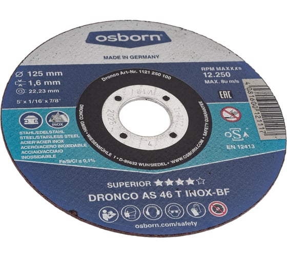 Диск отрезной по нержавейке Superior AS46T INOX (125x1.6x22.23 мм) DRONCO 1121250100
