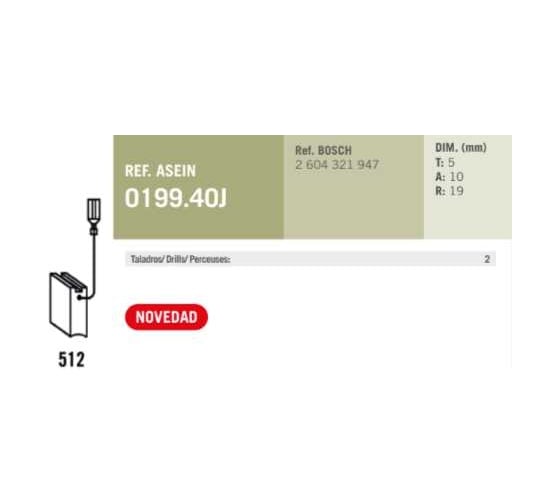 Комплект графитовых щеток BOSCH OEM 2604321947, 2 шт Asein 0199.40J
