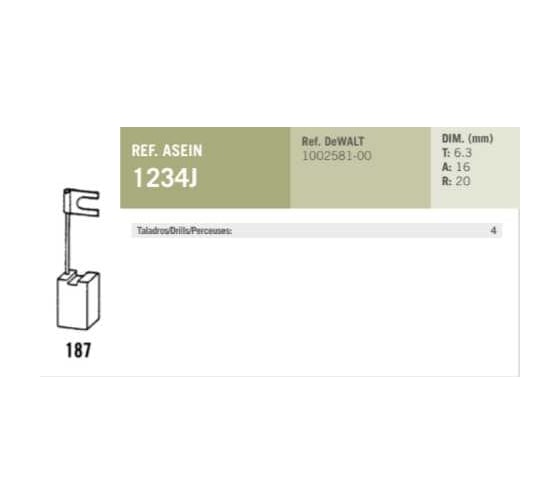 Комплект графитовых щеток DEWALT OEM 1002581-00/AS, 2 шт Asein 1234J