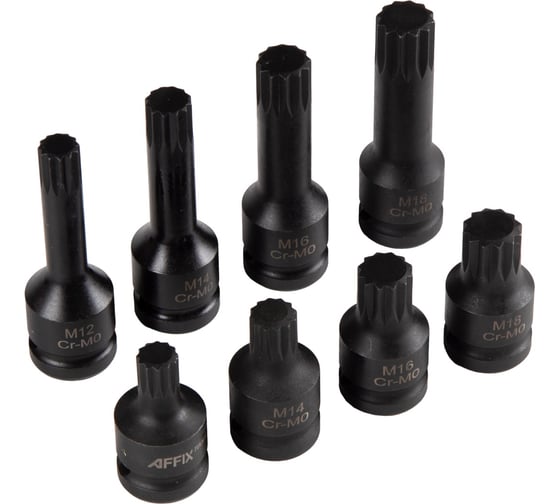 Набор ударных торцевых насадок 1/2"DR, Spline, M12-M18, L = 45-78 мм, кейс, 8 предметов AFFIX AF00746008C