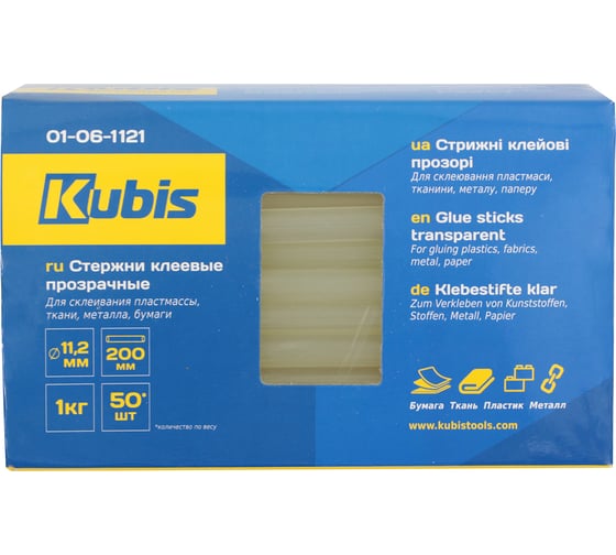 Стержни клеевые прозрачные 11.2x200 мм, 1 кг  50 шт, коробка Kubis 01-06-1121