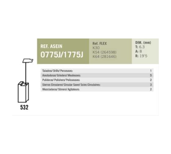 Комплект графитовых щеток FLEX/METABO OEM K30/K54/K64/343011190//316033650/AS 2 шт Asein 1775J