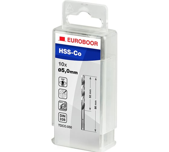 Сверла по металлу кобальтовые HSS-Co (10 шт; 5х86х52 мм) EUROBOOR TDCO.050
