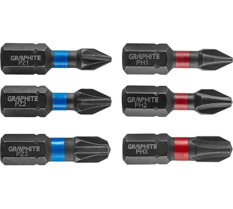 Биты ударные Graphite PH1/2/3 PZ1/2/3 x 25 мм 1/4" S2 6 шт. 56H540