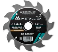 Диск пильный твердосплавный продольный по дереву 140x20/16/12.7 мм, 12 зубьев, Т=2.4 мм METALLICA Optima 902479