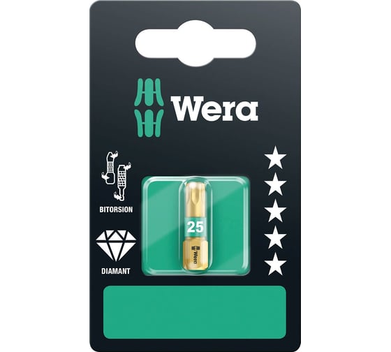 Бита торсионная, алмазное покрытие, 1/4", C6.3, TX 25 x 25 мм, держатель-еврослот WERA WE-134377 1