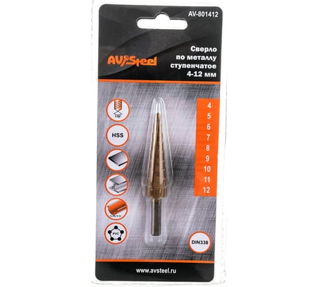 Сверло ступенчатое по металлу (4-12х48х68 мм; HSS) AV Steel  AV-801412