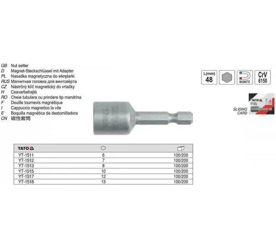 Головка торцевая магнитная (6х48 мм; 1/4"; 6-гранная) YATO YT-1501