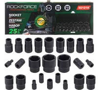 Головки ударные, набор 25 шт, 1/4", 1/2", 6 гр. Rockforce RF-50121K(59045)