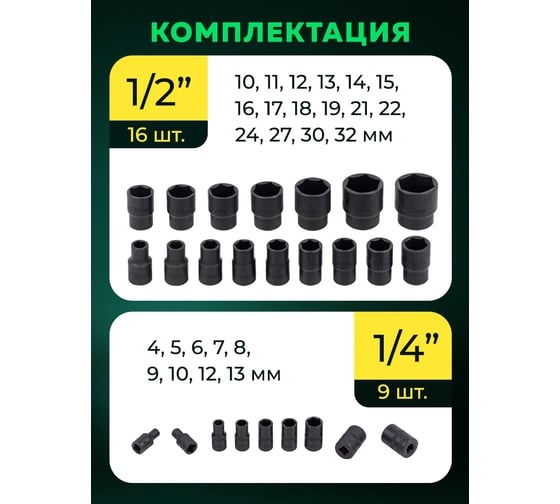 Головки ударные, набор 25 шт, 1/4", 1/2", 6 гр. Rockforce RF-50121K(59045)