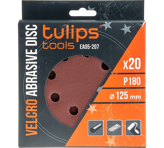 Диск шлифовальный с липучкой, 125 мм, P180, 20 шт Tulips Tools EA05-207 1