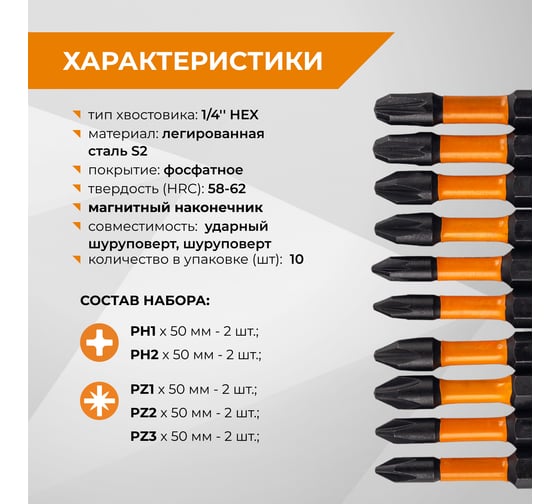Набор бит ударных IMPACT S2, PH, PZ x 50 мм, 10 шт 5 наконечников RAGE By VIRA 554192