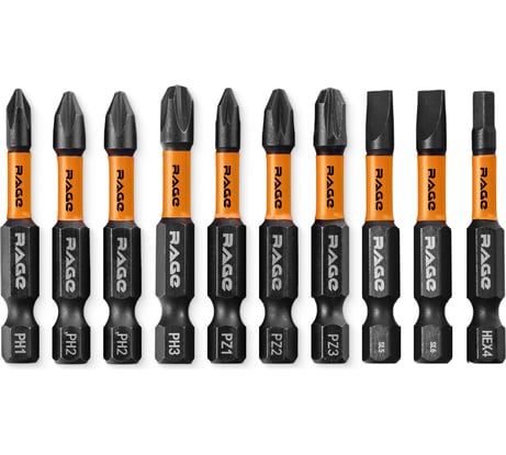 Набор бит ударных IMPACT S2, PH, PZ, SL, HEX x 50 мм, 10 шт RAGE By VIRA 554194