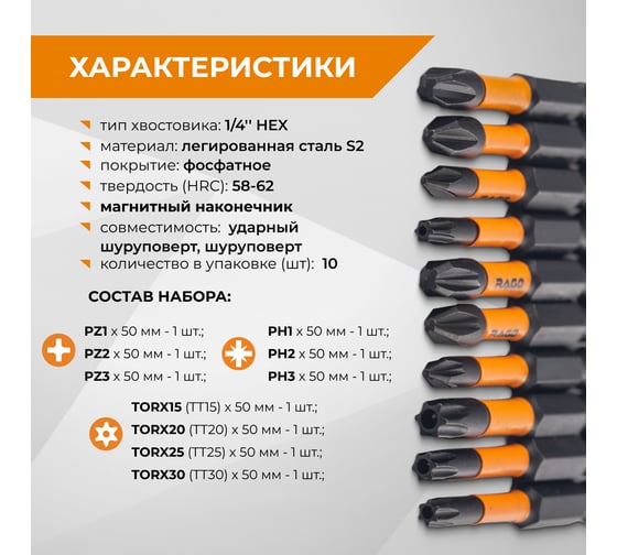 Набор бит ударные IMPACT TORX  S2, PH, PZ, TT x 50 мм, 10 шт By VIRA RAGE 554196