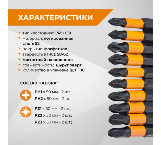 Набор бит магнитных S2, PH, PZ x 50 мм, 10 шт By VIRA RAGE 554191
