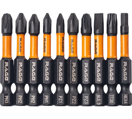 Набор бит ударных IMPACT S2, PH, PZ, SL, HEX, TORX x 50 мм, 10 шт By VIRA RAGE 554195