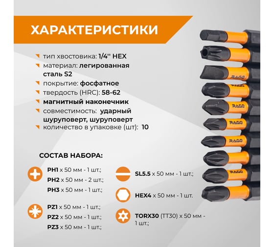 Набор бит ударных IMPACT S2, PH, PZ, SL, HEX, TORX x 50 мм, 10 шт By VIRA RAGE 554195