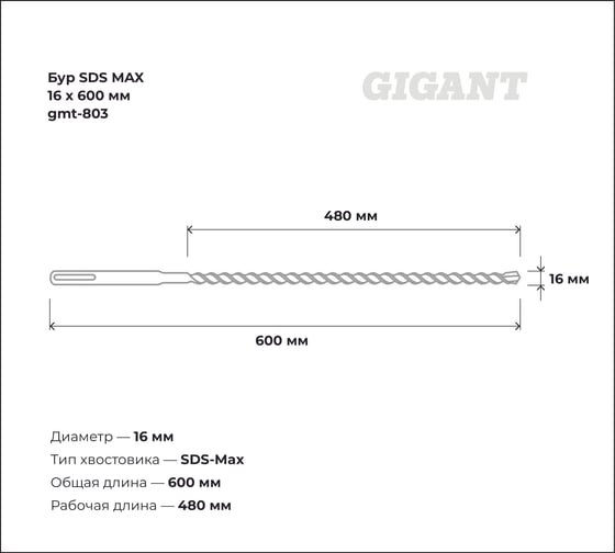 Бур SDS MAX 16x600 мм Gigant gmt-803