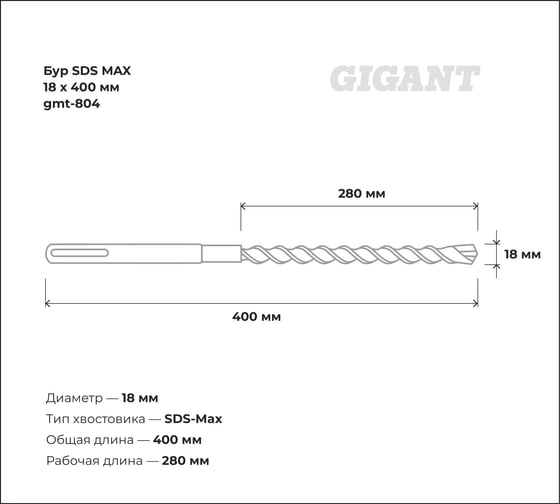 Бур SDS MAX 18x400 мм Gigant gmt-804