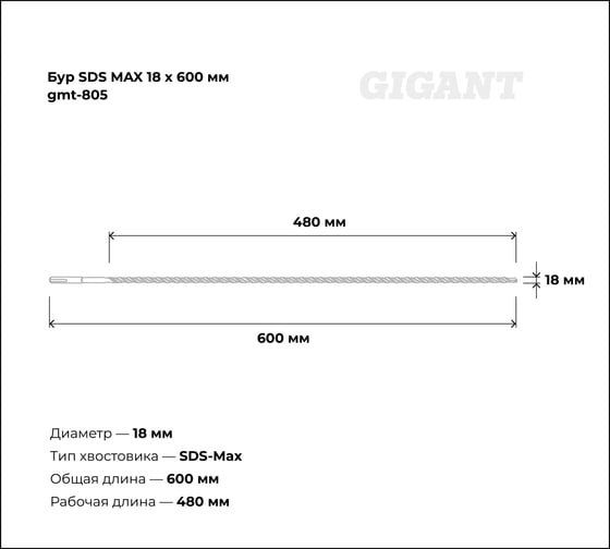 Бур SDS MAX 18x600 мм Gigant gmt-805