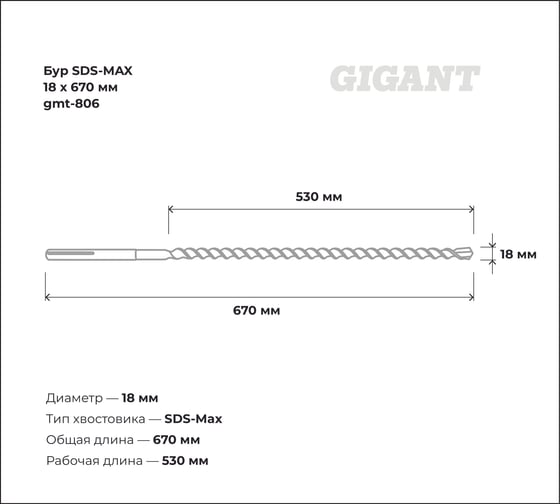 Бур SDS-MAX 18x670 мм Gigant gmt-806